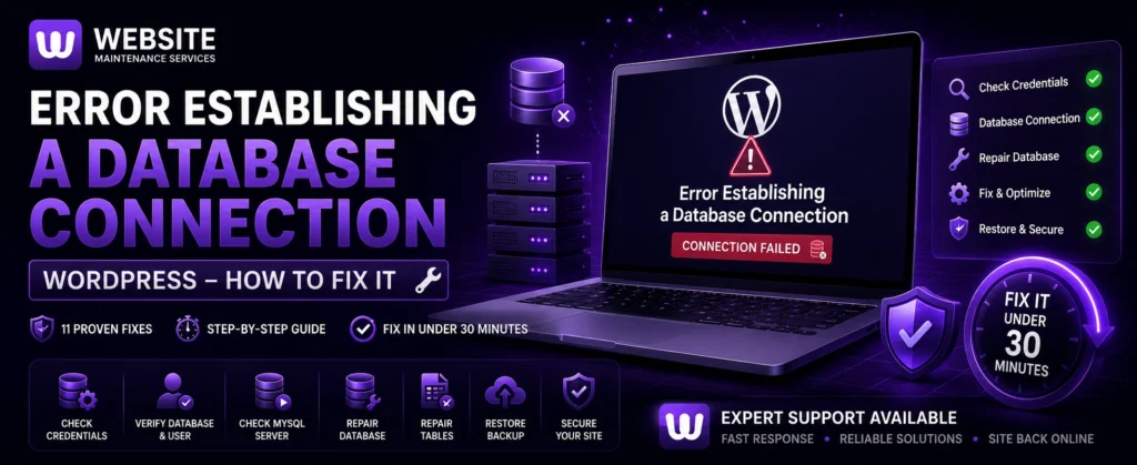 Premium infographic showing how to fix the WordPress "Error Establishing a Database Connection" issue with database troubleshooting, server checks, and recovery steps.