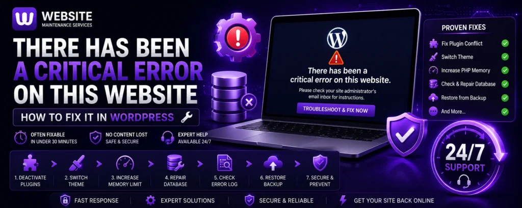 Premium infographic showing how to fix the WordPress "There Has Been a Critical Error on This Website" message with troubleshooting steps including plugin conflicts, theme issues, PHP memory limits, database repair, and backup restoration.