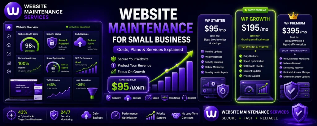 Small business website maintenance costs, plans, services, website security, backups, uptime monitoring, and performance optimization.