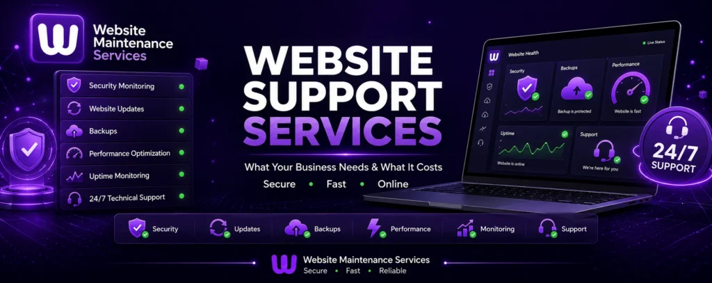 Website support services dashboard showing security monitoring, website updates, backups, performance optimization, uptime monitoring, and 24/7 technical support.