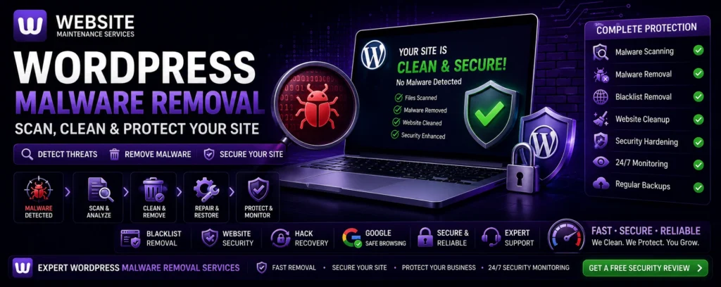 WordPress malware removal featured image showing malware scanning, website cleanup, blacklist removal, security hardening, and 24/7 WordPress security monitoring services.