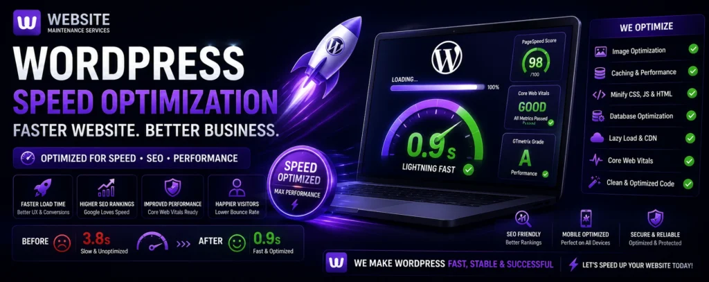 WordPress speed optimization featured image showing website performance improvements, Core Web Vitals optimization, caching, image optimization, CDN setup, and faster page load times.