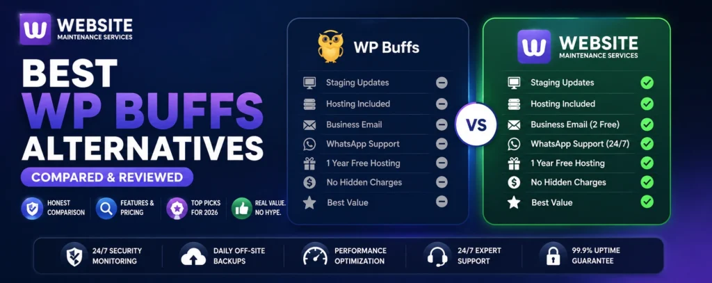 Comparison of the best WP Buffs alternatives, highlighting Website Maintenance Services for WordPress maintenance, hosting, security, backups, and support.