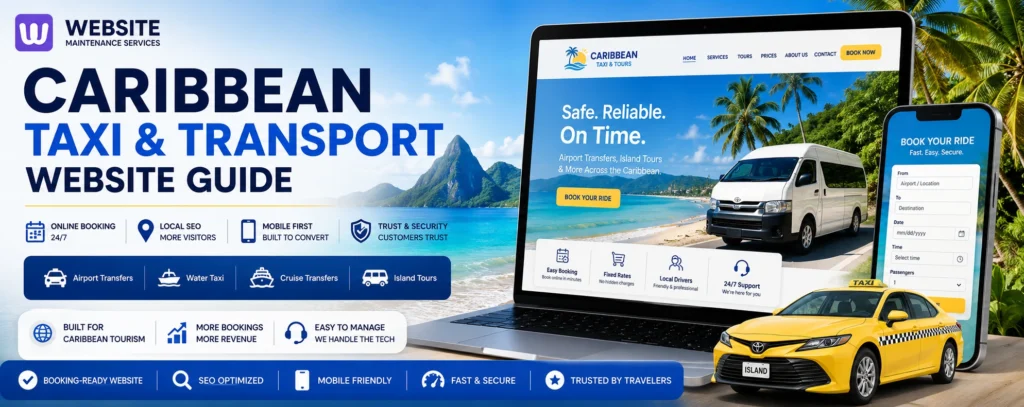 Premium Caribbean taxi and transport website guide featuring booking-ready design, mobile-first layout, local SEO, and secure website solutions.