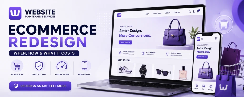 Ecommerce website redesign guide showing a modern online store redesign focused on better conversions, SEO, mobile performance, and secure checkout.