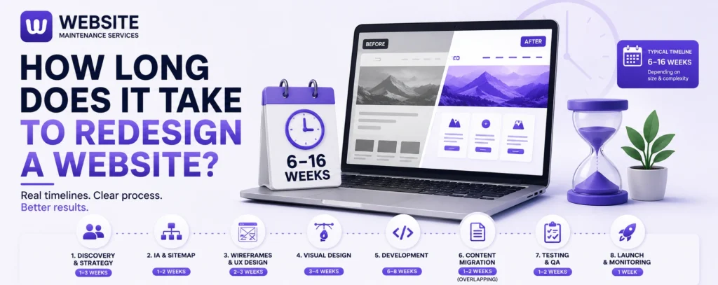Website redesign timeline illustration showing the typical 6–16 week redesign process from planning and design to development, testing, and launch.