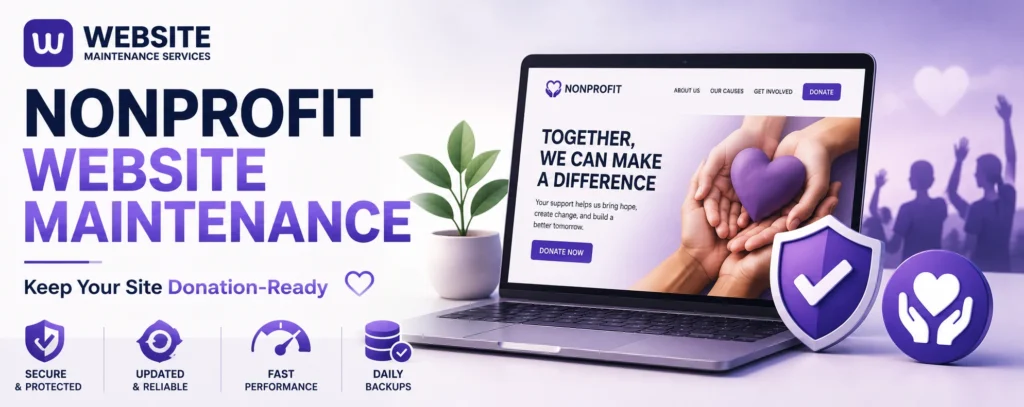 Nonprofit website maintenance illustration showing a donation-ready nonprofit website with security, backups, updates, and website support features.