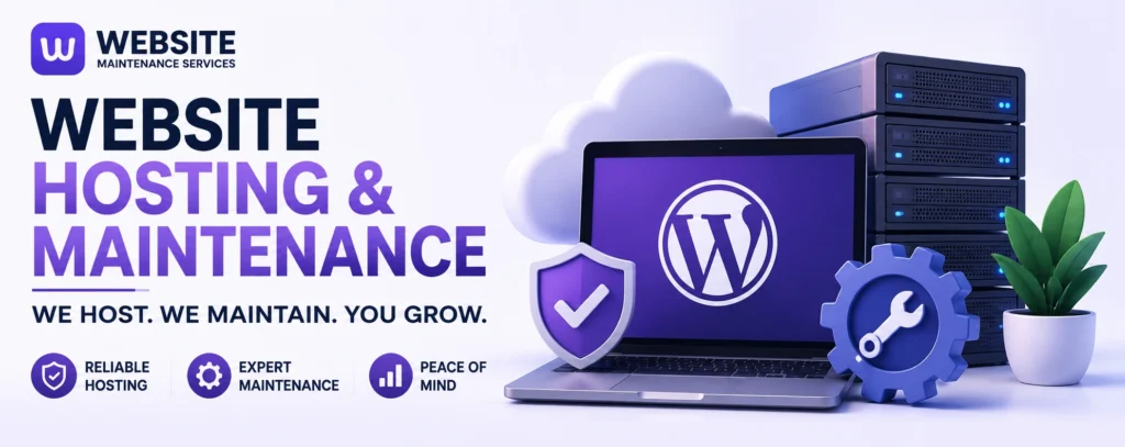 Website hosting and maintenance services illustration showing secure hosting, WordPress maintenance, website security, backups, and ongoing technical support.