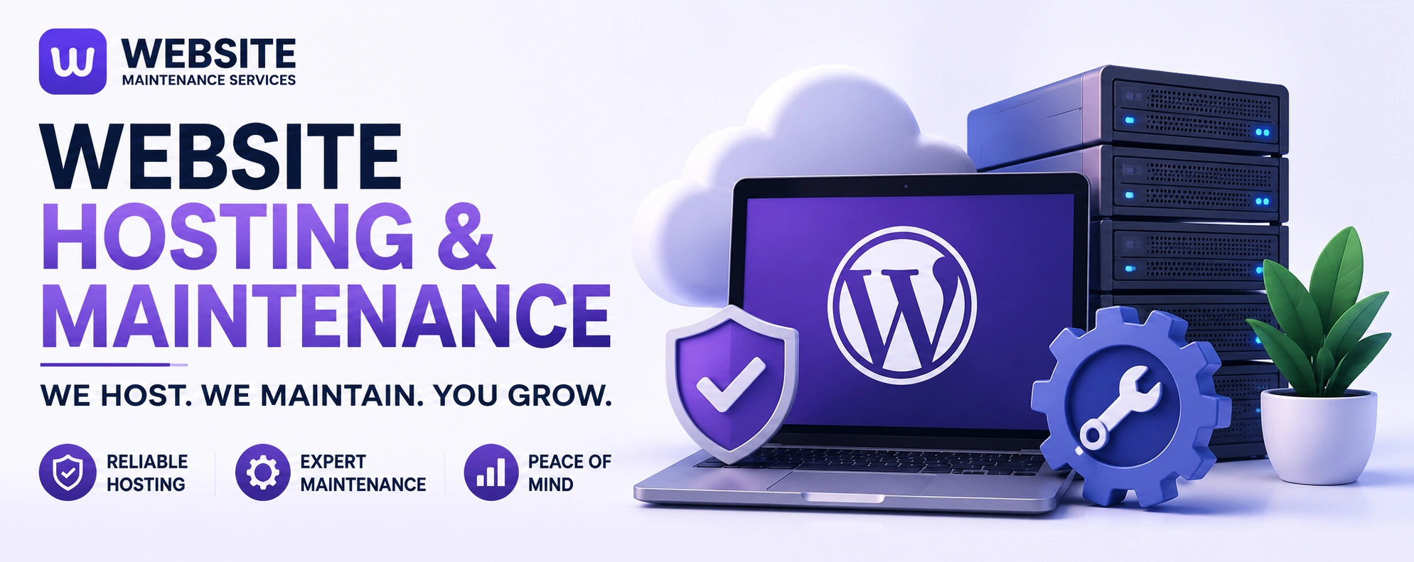 Website hosting and maintenance services illustration showing secure hosting, WordPress maintenance, website security, backups, and ongoing technical support.