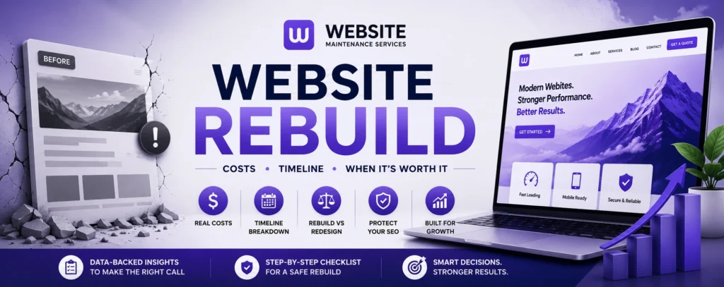 Website Rebuild guide explaining website rebuild costs, timelines, rebuild vs redesign, SEO protection, and when a full website rebuild is the right choice.