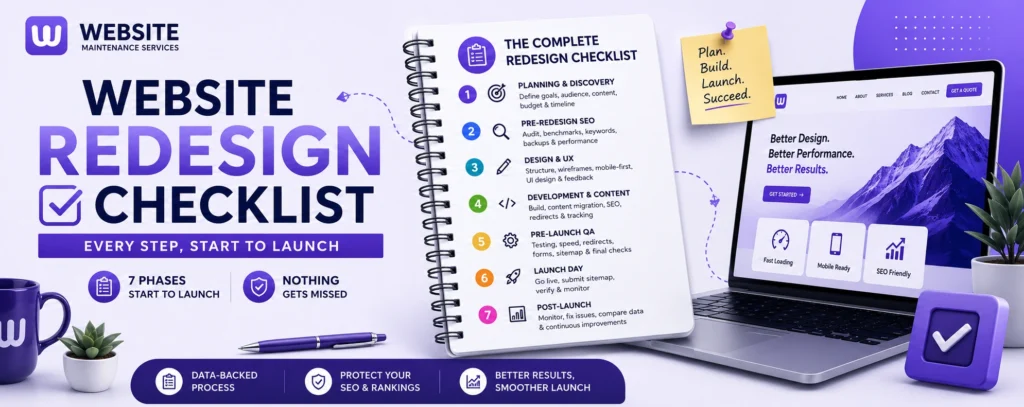 Website redesign checklist showing the complete planning, SEO, development, testing, and launch process for a successful website redesign.