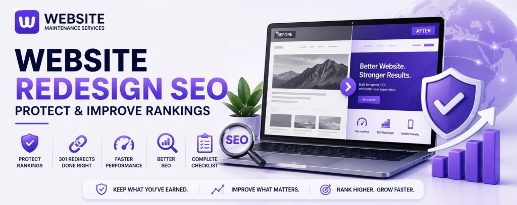 Website redesign SEO guide showing how to protect and improve Google rankings with proper SEO planning, 301 redirects, performance optimization, and website maintenance.