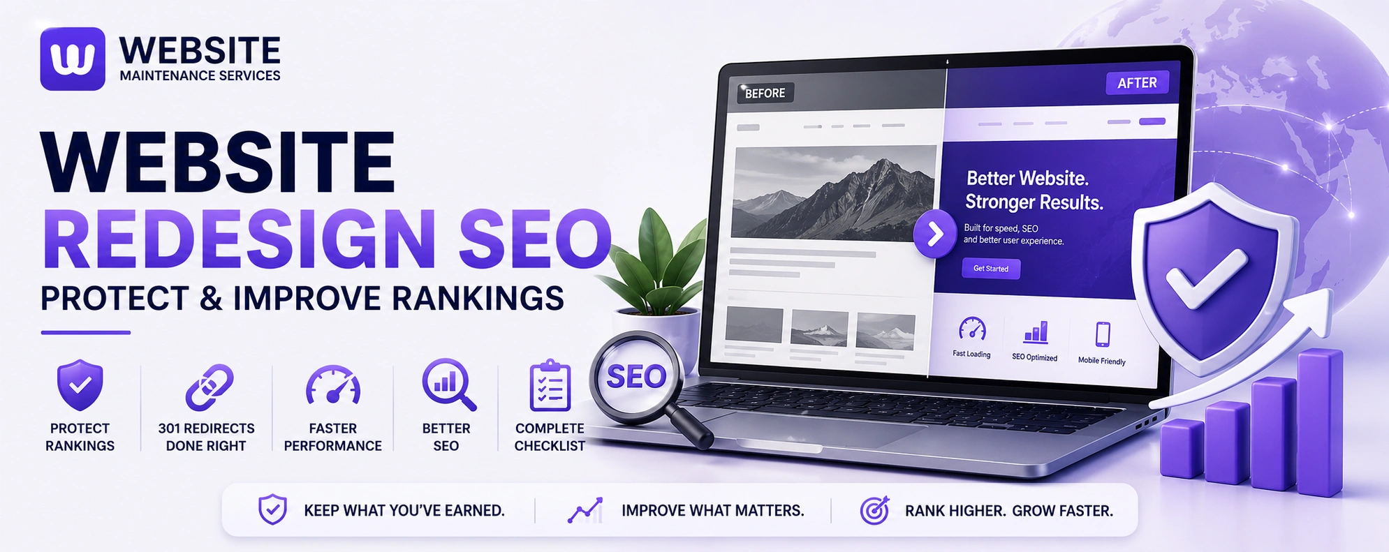 Website redesign SEO guide showing how to protect and improve Google rankings with proper SEO planning, 301 redirects, performance optimization, and website maintenance.