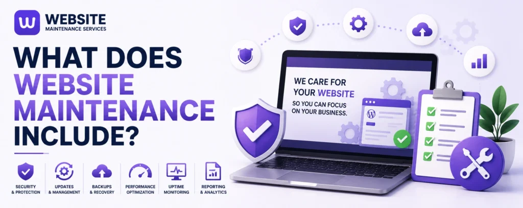 Illustration showing website maintenance services including security monitoring, updates, backups, performance optimization, uptime monitoring, and reporting for business websites.