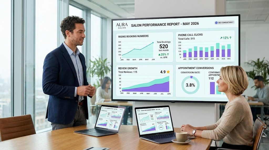 Salon SEO monthly report showing calls, bookings and appointments