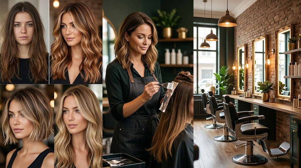 Salon SEO gallery showing balayage and hair color transformation results