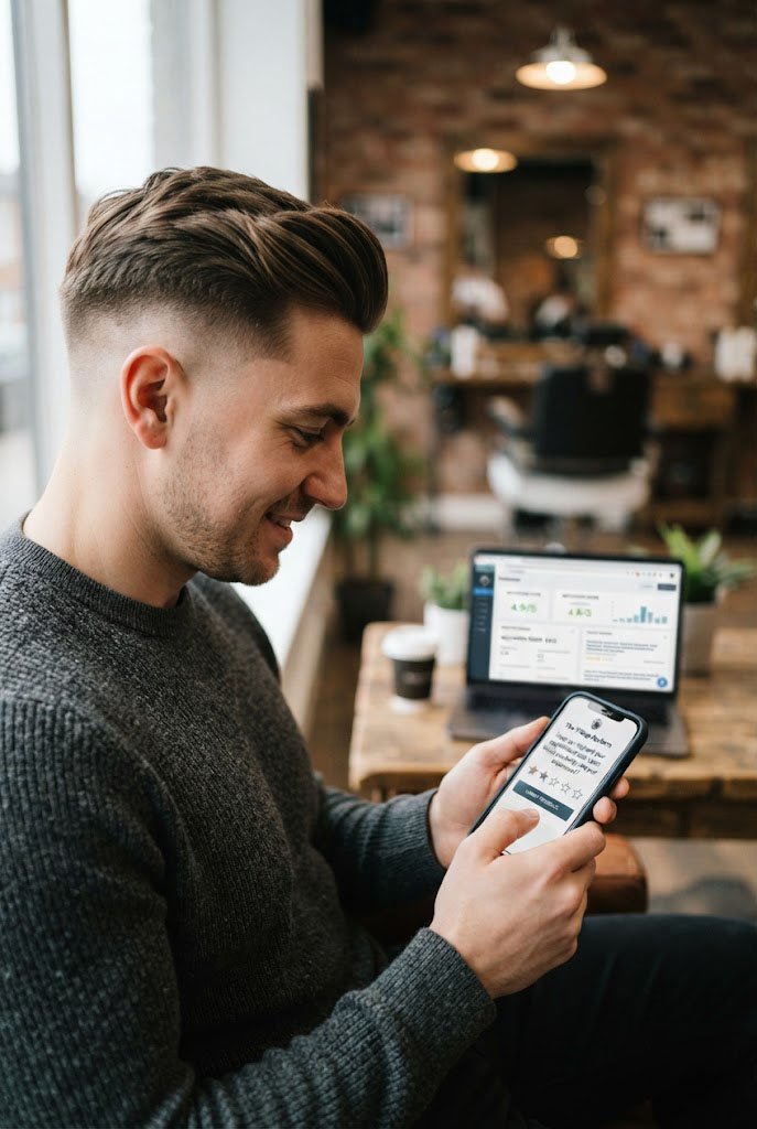 Customer receiving an automated barbershop review request after an appointment