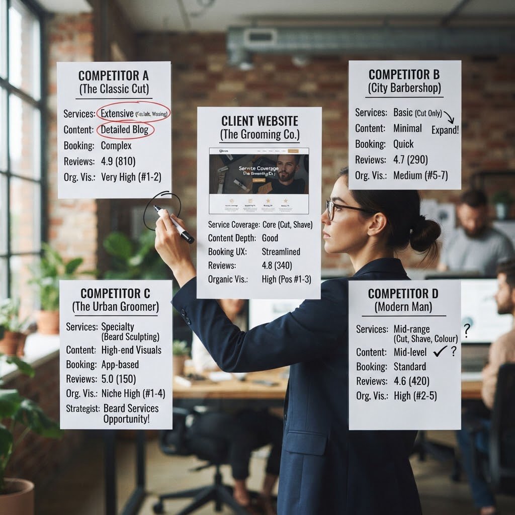 SEO specialist comparing barbershop competitors and identifying content gaps
