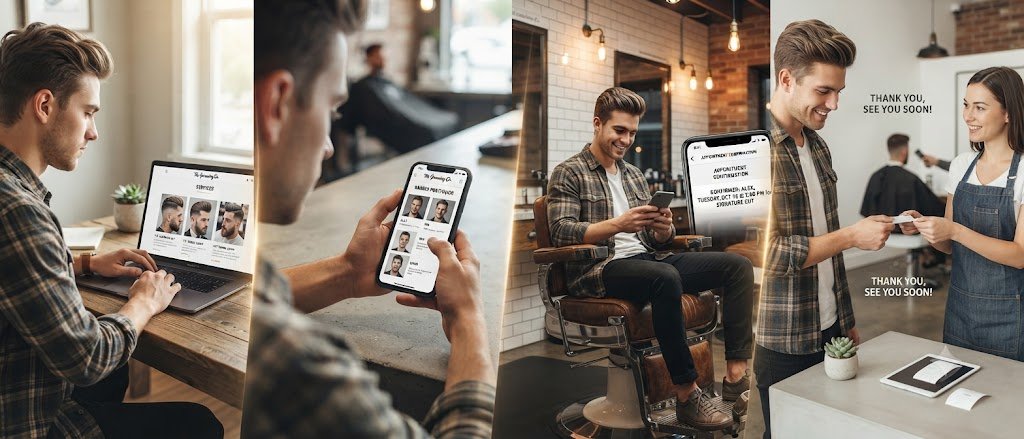 Barbershop customer journey from service research to confirmed online appointment