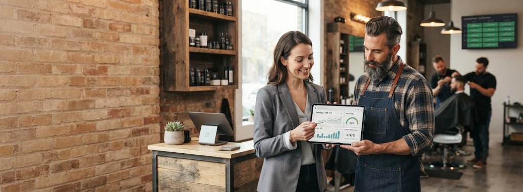 SEO agency discussing a digital growth plan with a barbershop owner