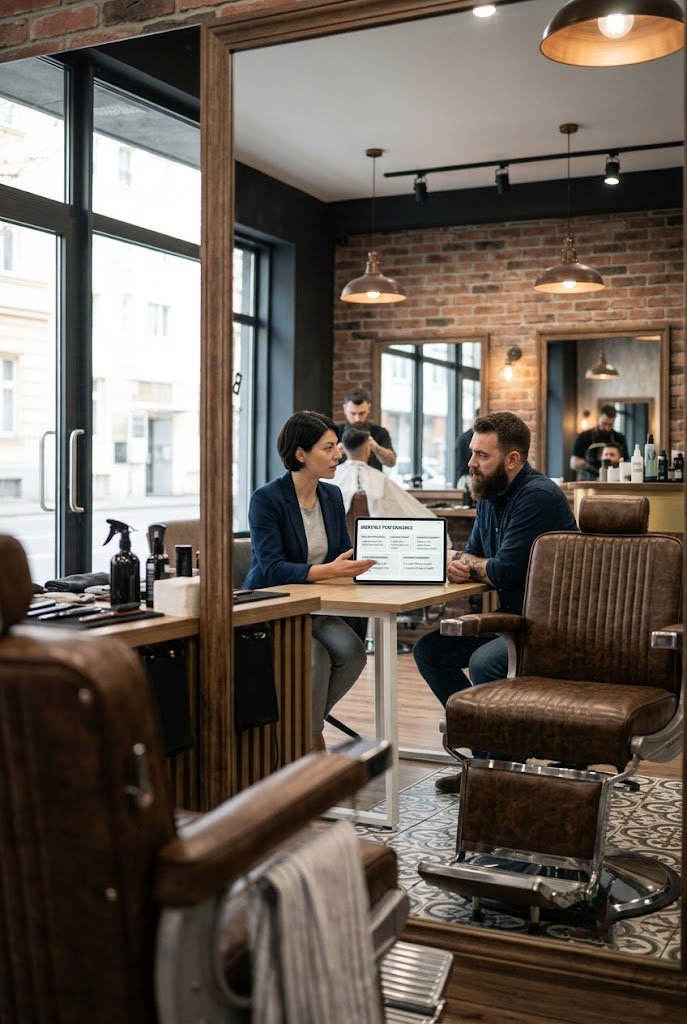 SEO consultant presenting a monthly barbershop performance report