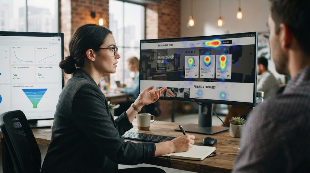 Conversion specialist analyzing a barbershop website heatmap and booking interactions