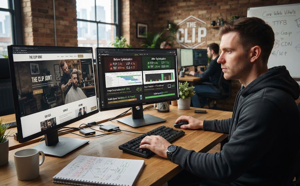 Web performance specialist optimizing the speed of a barbershop website