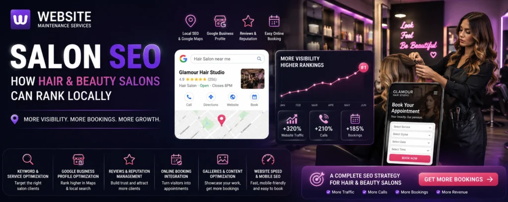 Salon SEO guide showing Google Business Profile, local search optimization, reviews, and online booking strategies for hair and beauty salons.