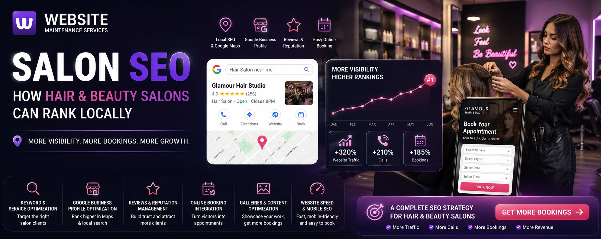 Salon SEO guide showing Google Business Profile, local search optimization, reviews, and online booking strategies for hair and beauty salons.